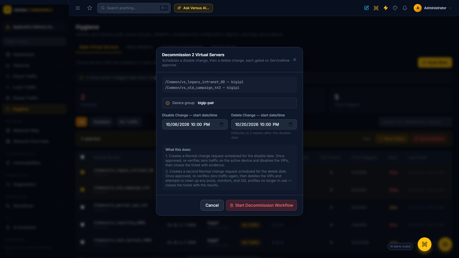Click to enlarge The Decommission dialog — the selected VIPs, their device group, the disable and delete change dates, and what each change does