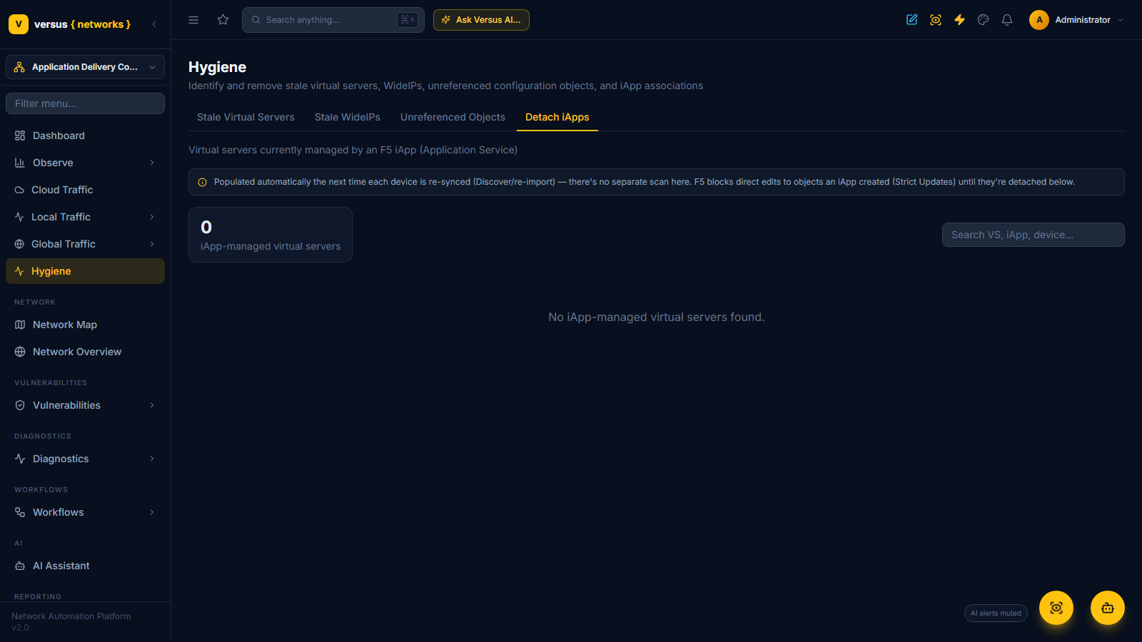 Click to enlarge The Detach iApps tab — virtual servers still owned by an iApp, with the Detach wizard