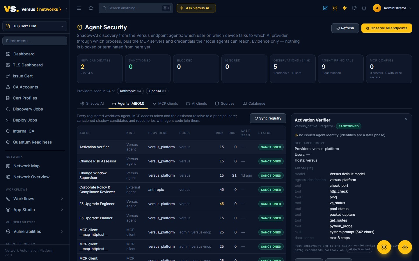 Click to enlarge Agents (AIBOM) — every registered agent, MCP token and sanctioned candidate as a principal with its bill of materials