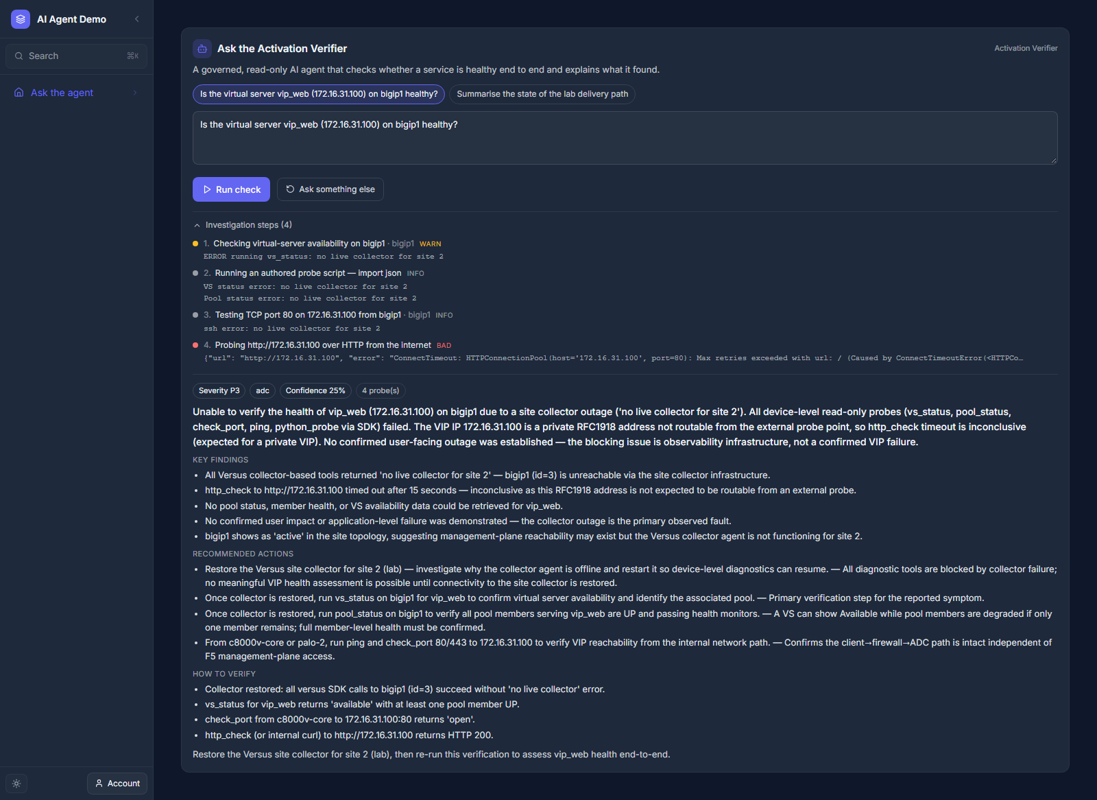 Click to enlarge A published App Builder page with the AI Agent widget: suggested question chips, the goal, the numbered live investigation steps with verdicts, and the findings with severity, confidence, key findings, recommended actions and how to verify