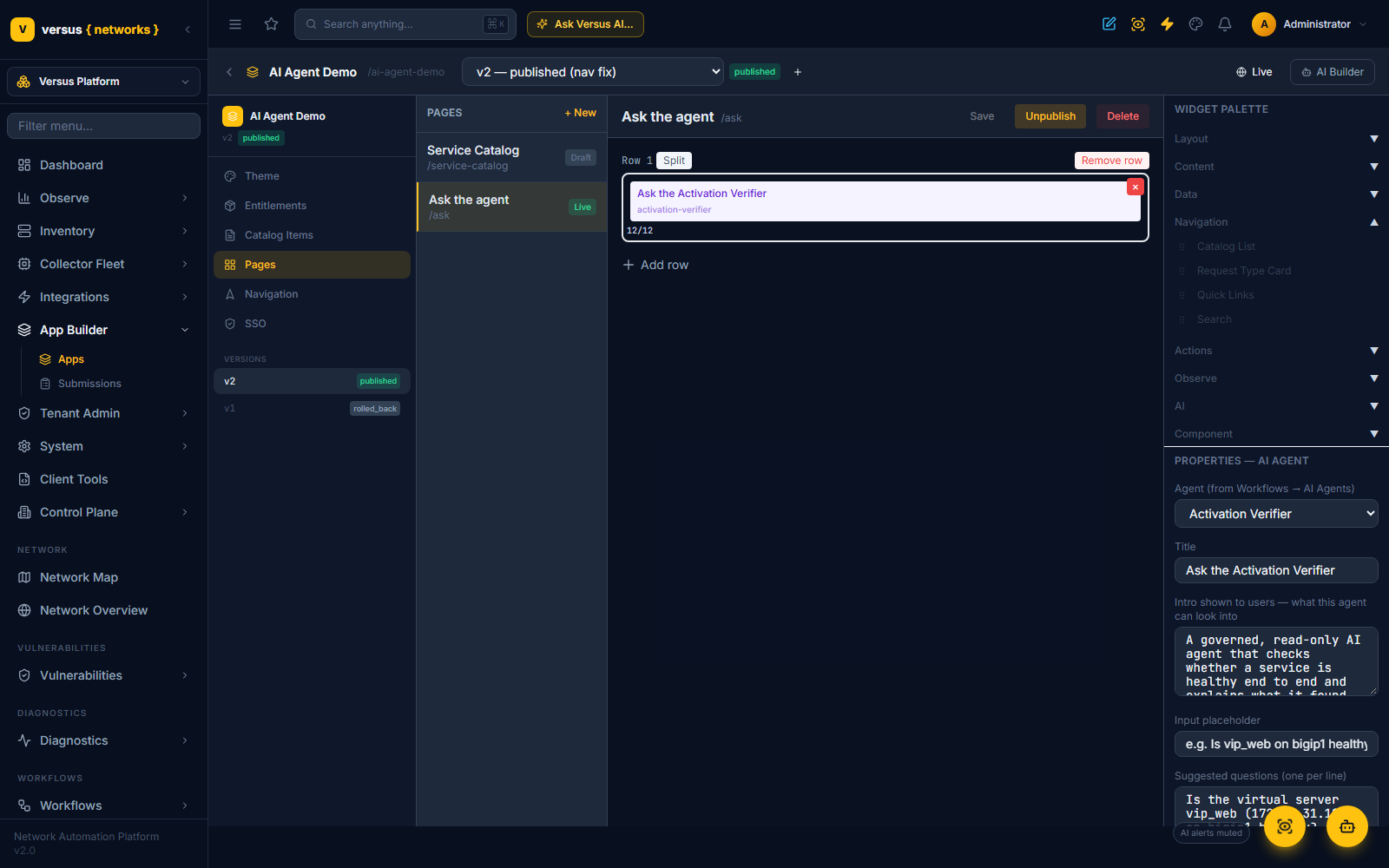 Page Designer with an AI Agent widget selected on a page row, the AI group open in the widget palette, and the properties panel showing agent, title, intro, placeholder and suggested questions