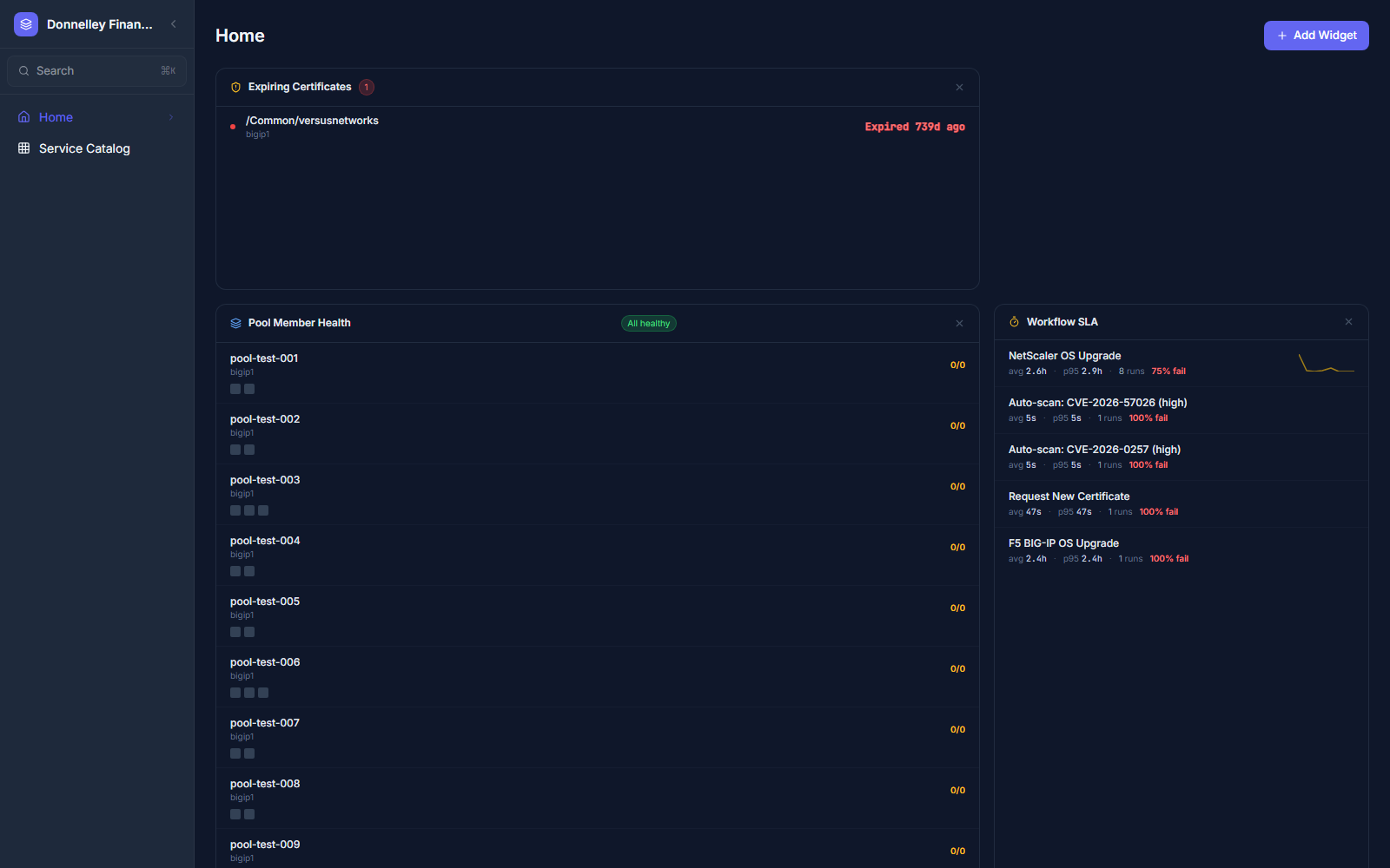 Click to enlarge App Builder app Home dashboard with three widgets placed automatically in a responsive layout: Expiring Certificates, Pool Member Health, and Workflow SLA