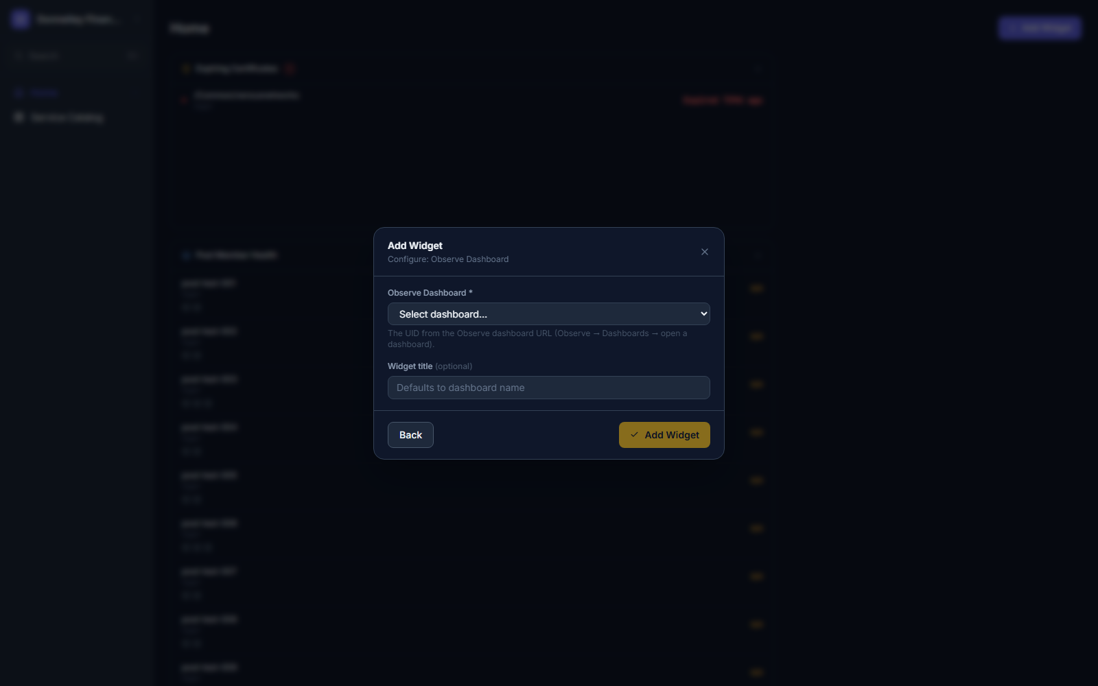 Click to enlarge Configure: Observe Dashboard modal with a single Observe Dashboard dropdown and an optional Widget title field