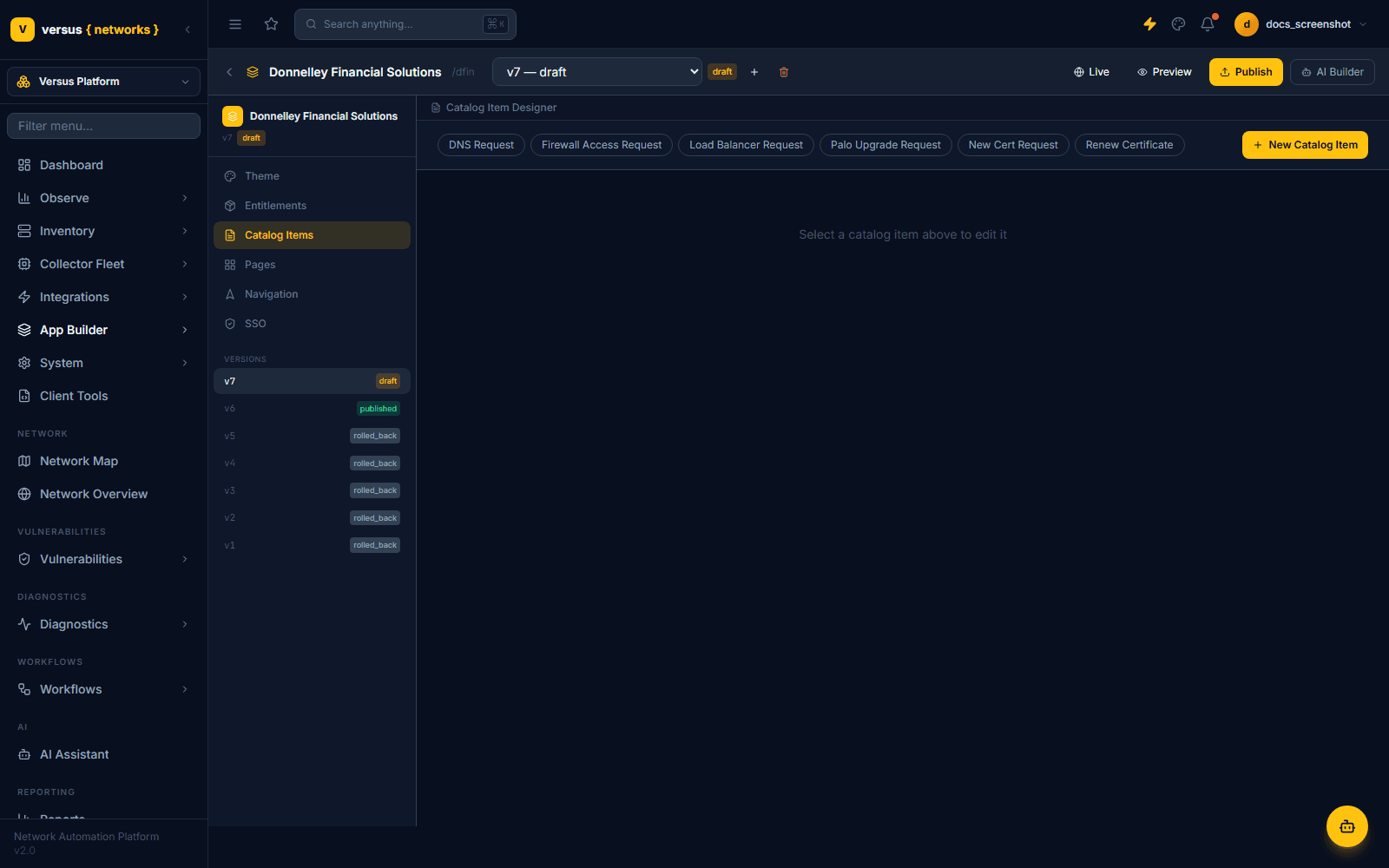 Click to enlarge Catalog Item Designer showing tabs for six pre-built catalog items — DNS Request, Firewall Access Request, Load Balancer Request, Palo Upgrade Request, New Cert Request, and Renew Certificate