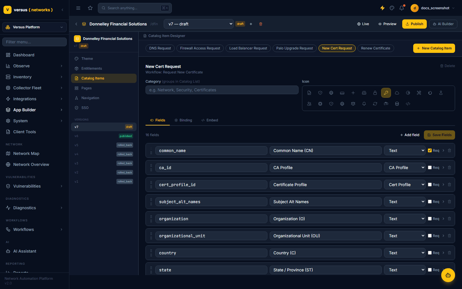 Click to enlarge Fields tab for the New Cert Request catalog item, listing field rows each with a key, label, type dropdown, and required checkbox