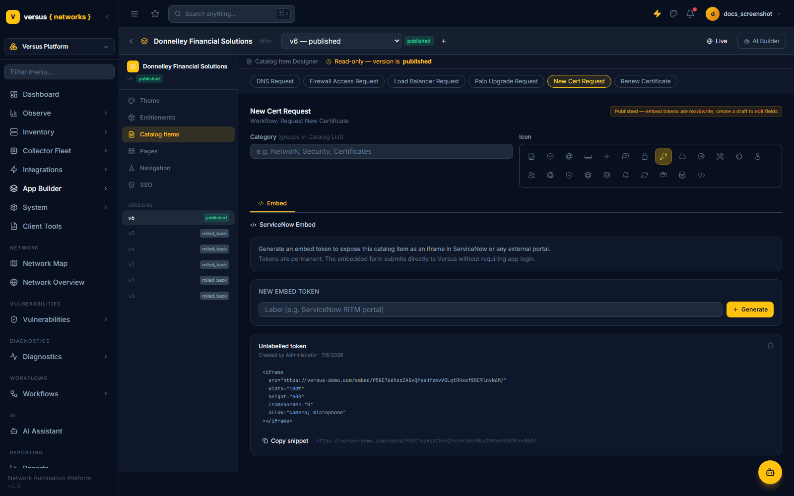 Click to enlarge Embed tab for New Cert Request showing a Generate button for a new embed token and an existing token's iframe snippet