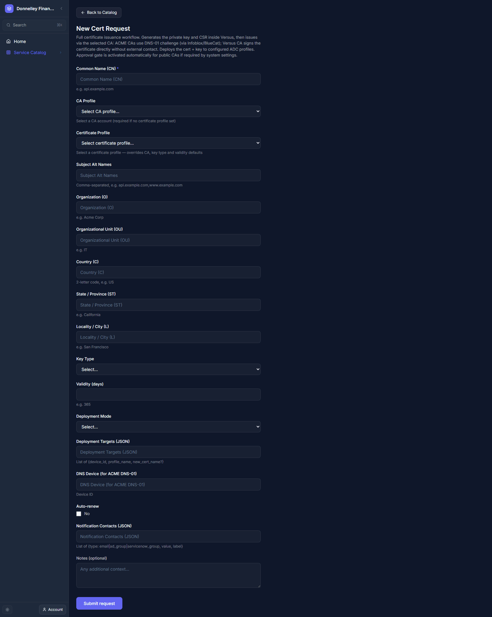 Click to enlarge Live New Cert Request form on the published runtime, showing Common Name, CA Profile, Certificate Profile, Subject Alt Names and other fields with a Submit request button