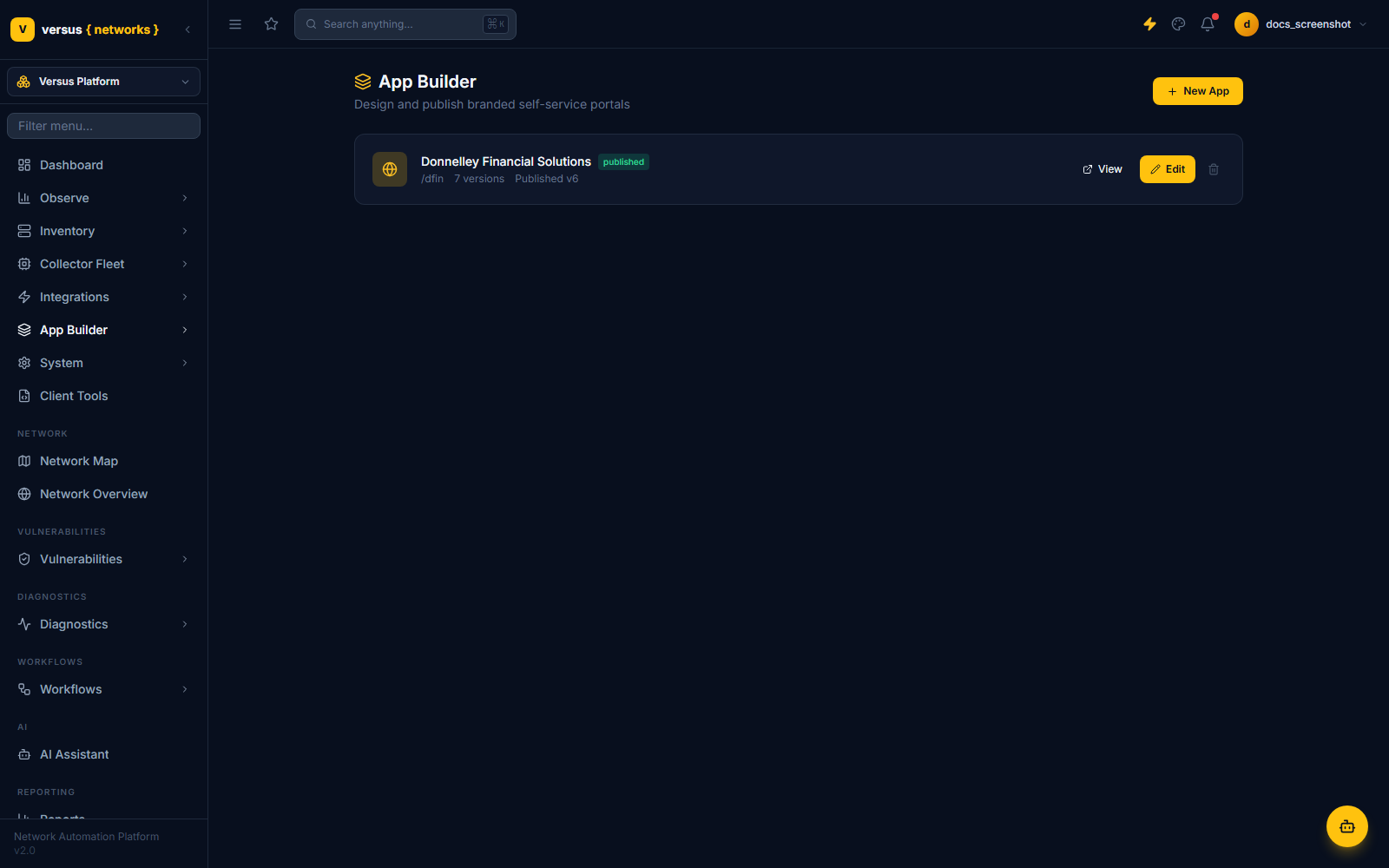 App Builder home screen showing a list of apps with name, status (draft or published), slug, and version count