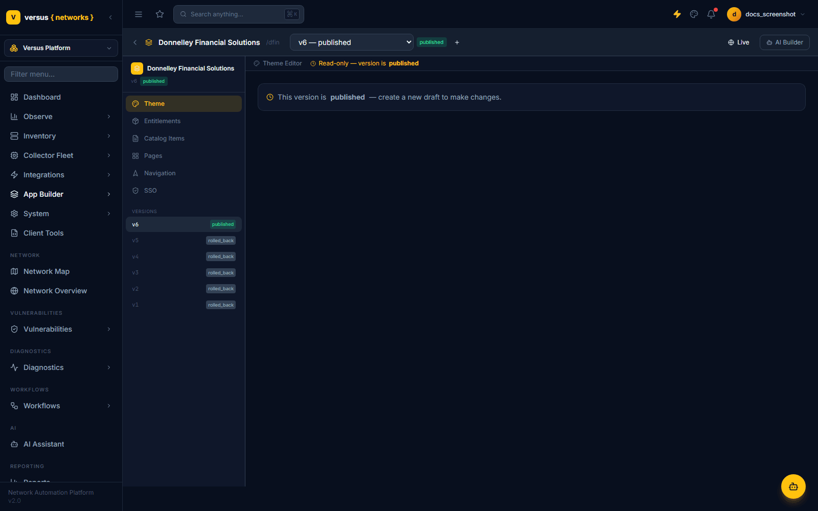 App designer showing the VERSIONS list in the left sidebar with v1 through v6, one published and the rest rolled_back, and a read-only banner on the current published version