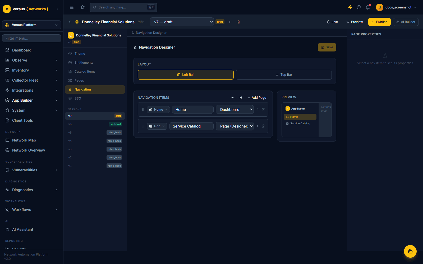 Navigation Designer showing the Left Rail / Top Bar layout toggle, a list of navigation items with an Add Page dropdown of page types, and a live preview panel