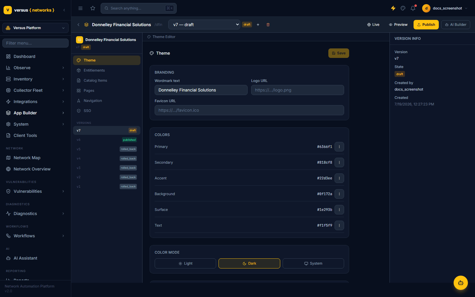 Theme editor showing branding fields (wordmark, logo URL, favicon URL), six color pickers, color mode toggle, and a live preview