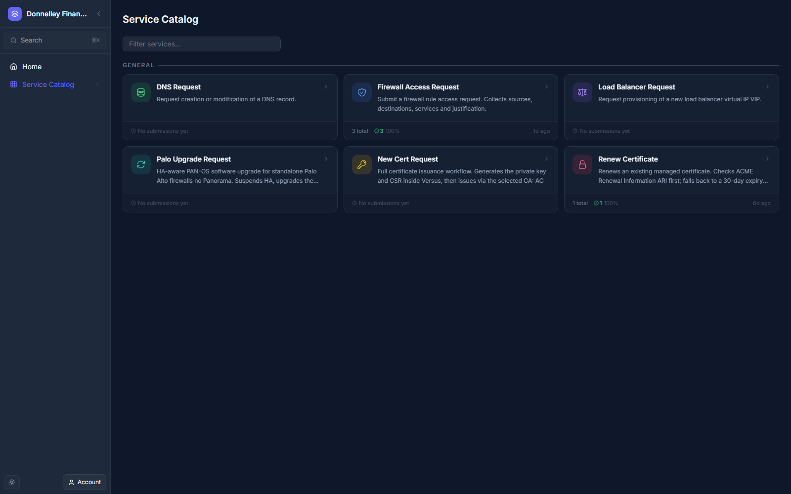 Published app runtime showing left rail navigation with Home and Service Catalog, branded logo, and a Service Catalog grid of request items