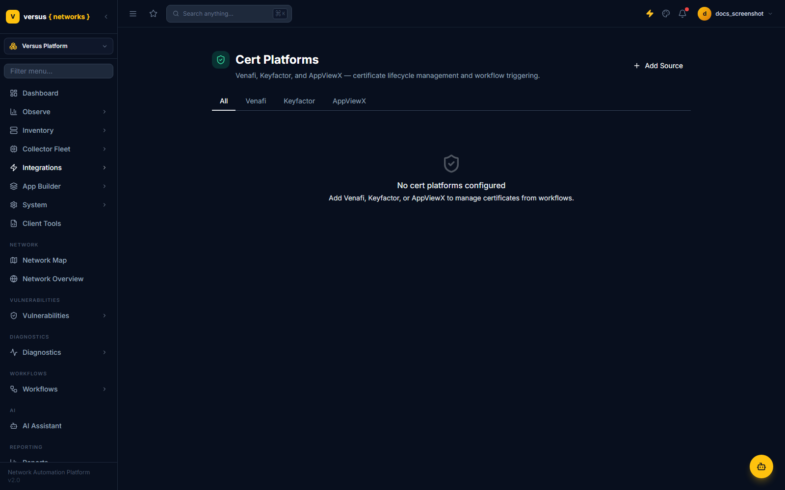 Cert Platforms page, empty state, with All / Venafi / Keyfactor / AppViewX tabs