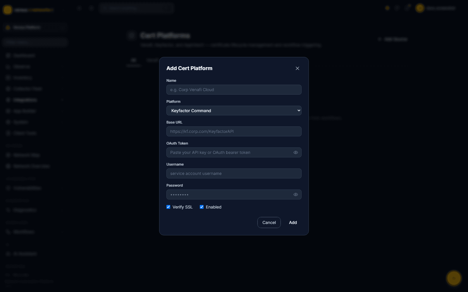 Add Cert Platform dialog with Keyfactor Command selected