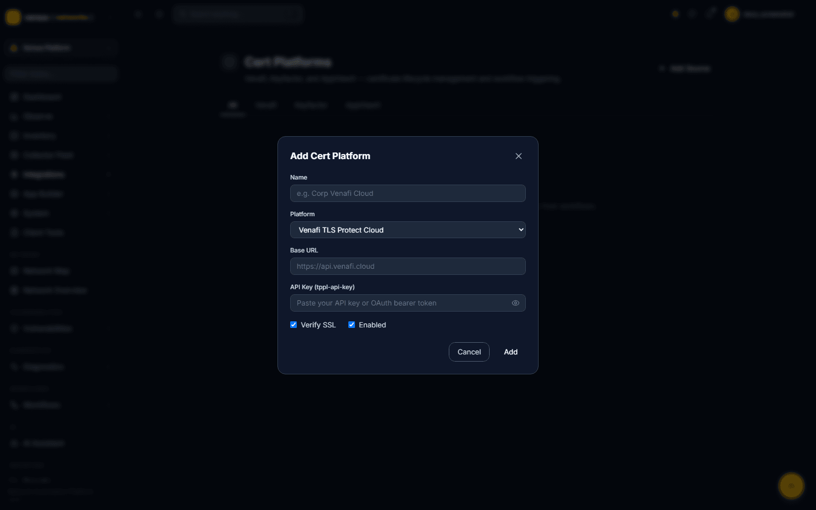 Add Cert Platform dialog with Venafi TLS Protect Cloud selected