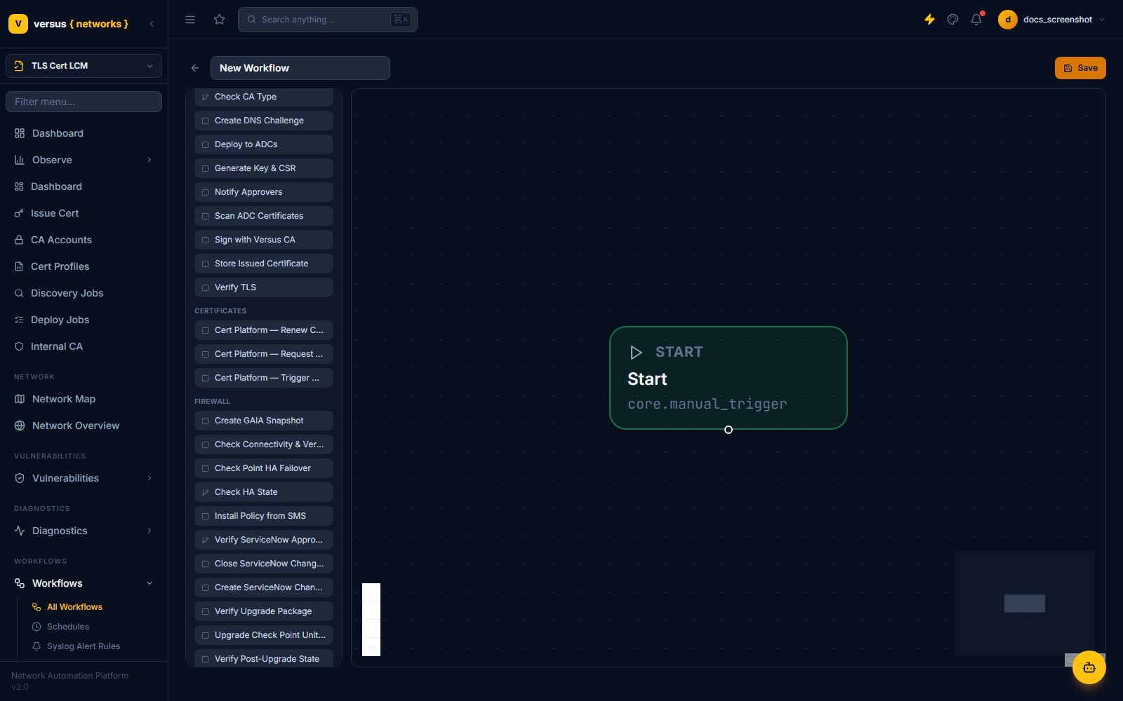 Workflow node palette showing the CERTIFICATES category with three Cert Platform steps