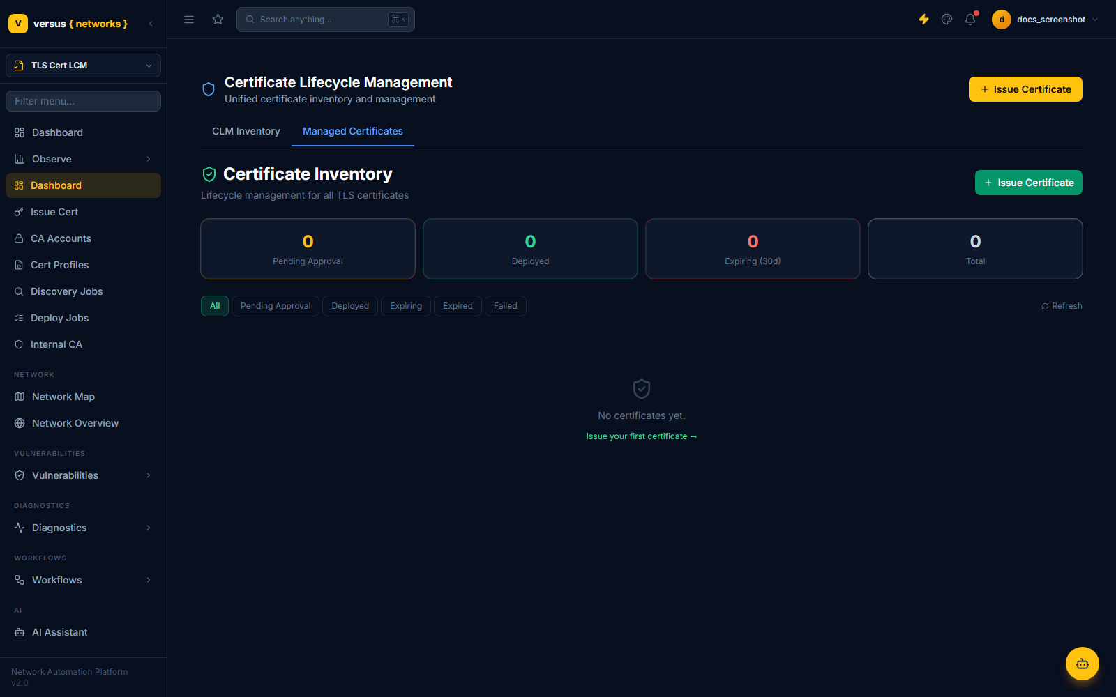 Click to enlarge TLS Cert LCM dashboard with certificate inventory tiles