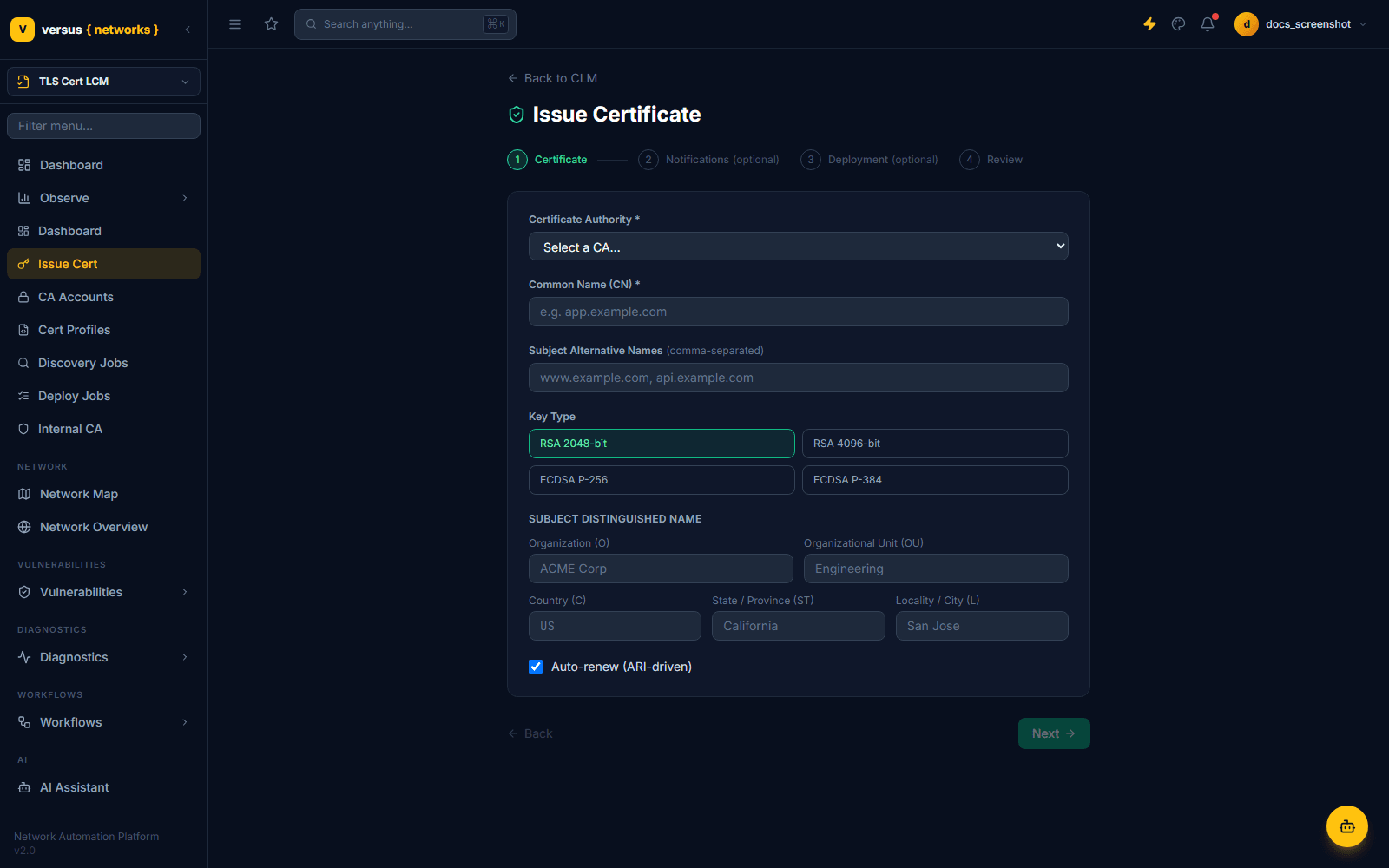 Click to enlarge Issue Certificate wizard, step 1 of 4