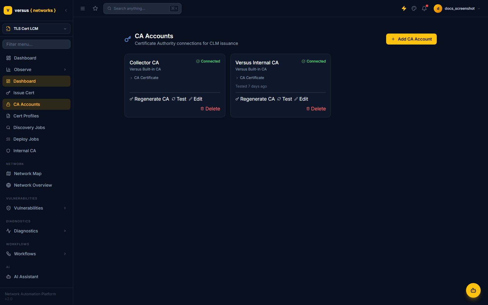 Click to enlarge CA Accounts page showing Collector CA and Versus Internal CA