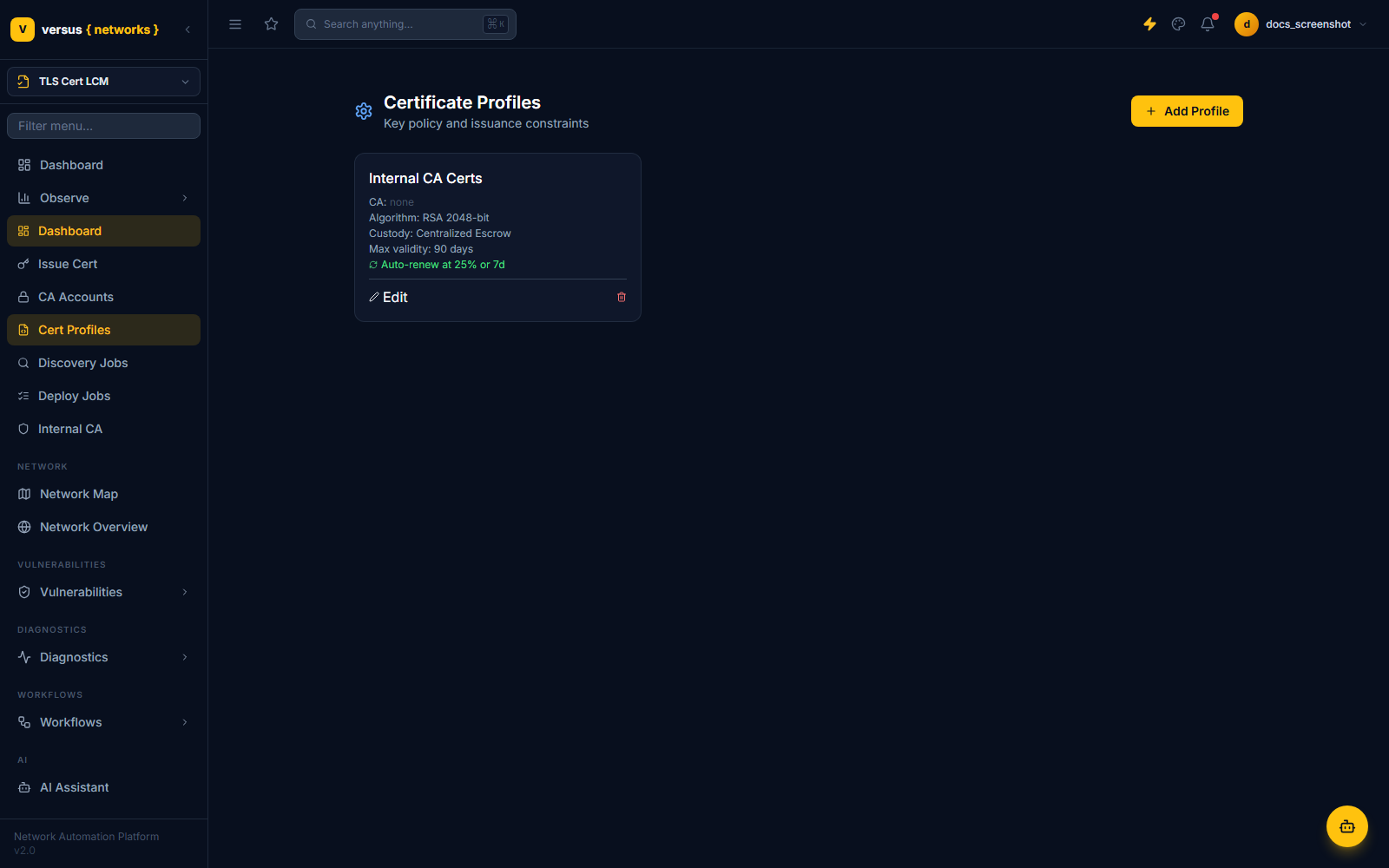 Click to enlarge Certificate Profiles page showing the Internal CA Certs profile