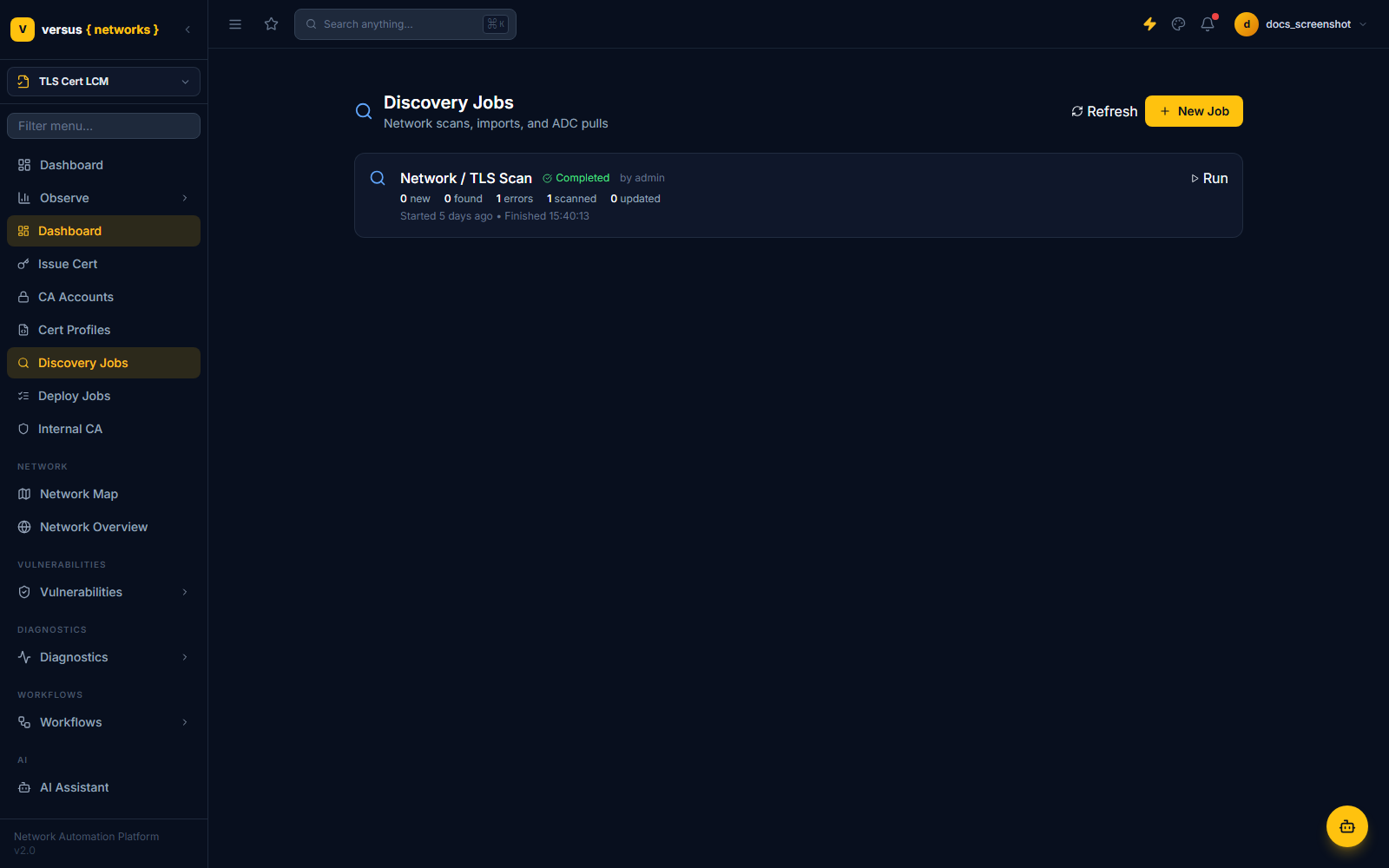 Click to enlarge Discovery Jobs page showing a completed Network / TLS Scan job