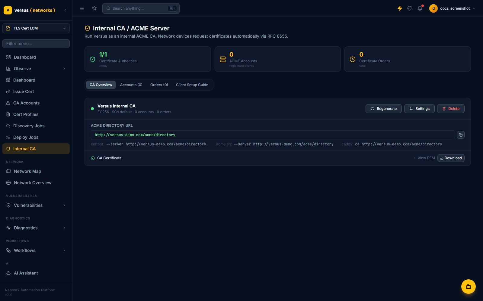 Click to enlarge Internal CA ACME Server page with directory URL and client setup snippets