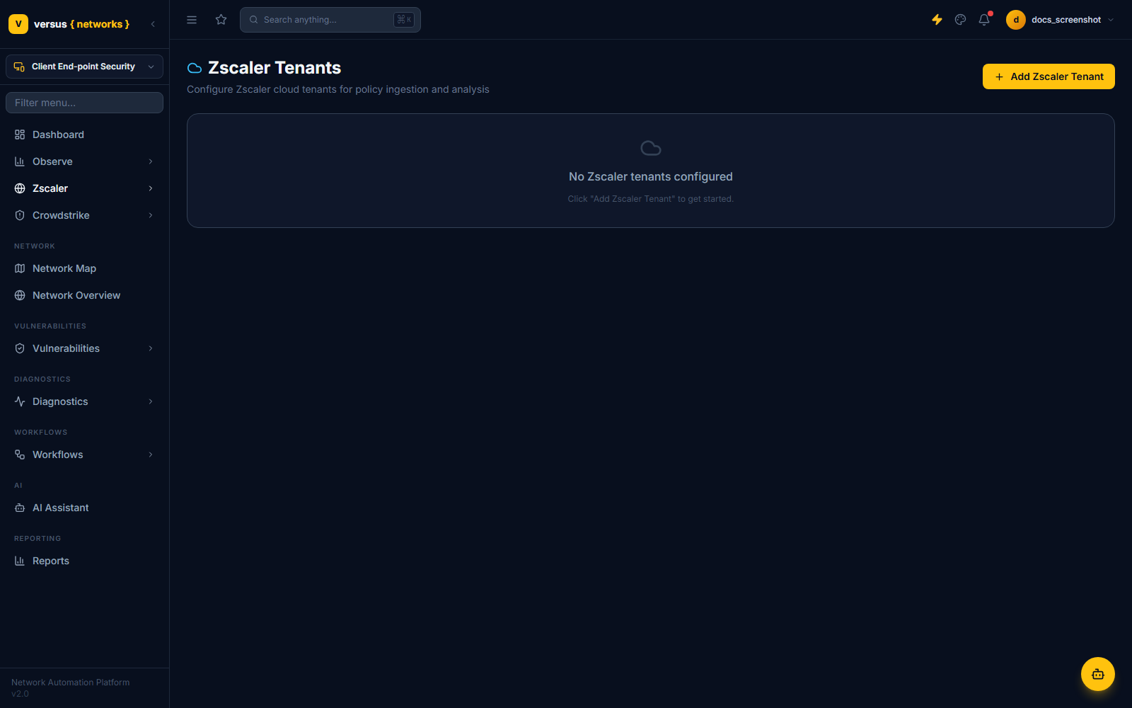 Click to enlarge Zscaler Tenants page with an Add Zscaler Tenant button and an empty state prompting to configure a tenant