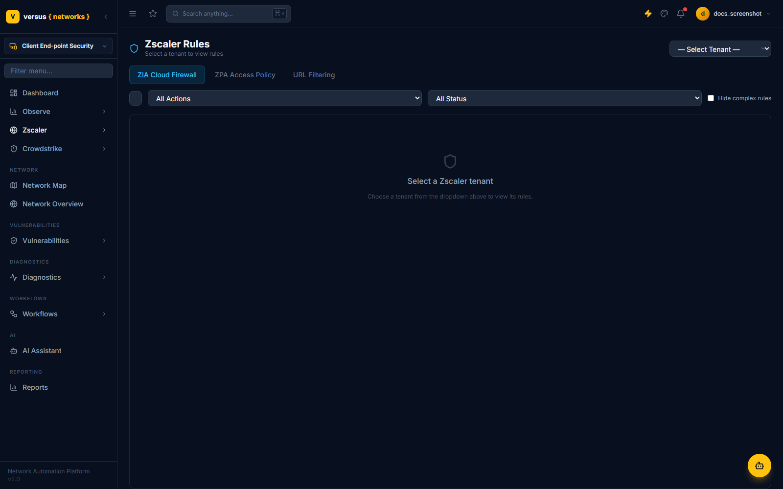 Click to enlarge Zscaler Rules page with ZIA Cloud Firewall, ZPA Access Policy, and URL Filtering tabs, a tenant selector, and action/status filters