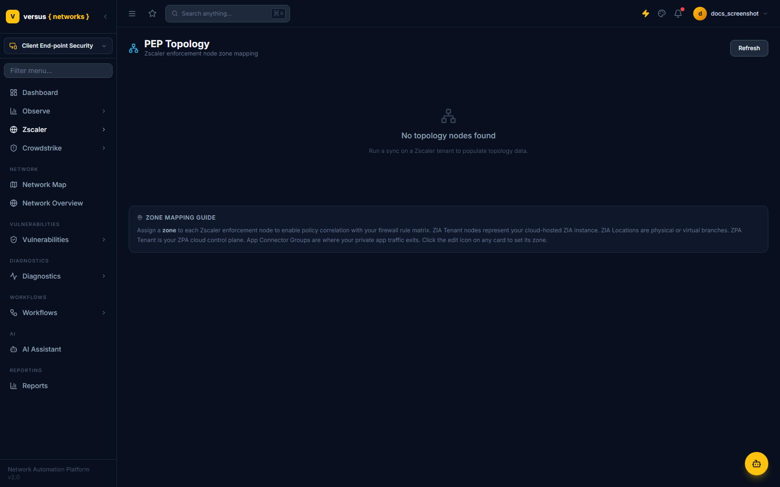 Click to enlarge PEP Topology page with a zone mapping guide explaining ZIA Tenant, ZIA Location, ZPA Tenant, and App Connector Group node types, and an empty state prompting a tenant sync