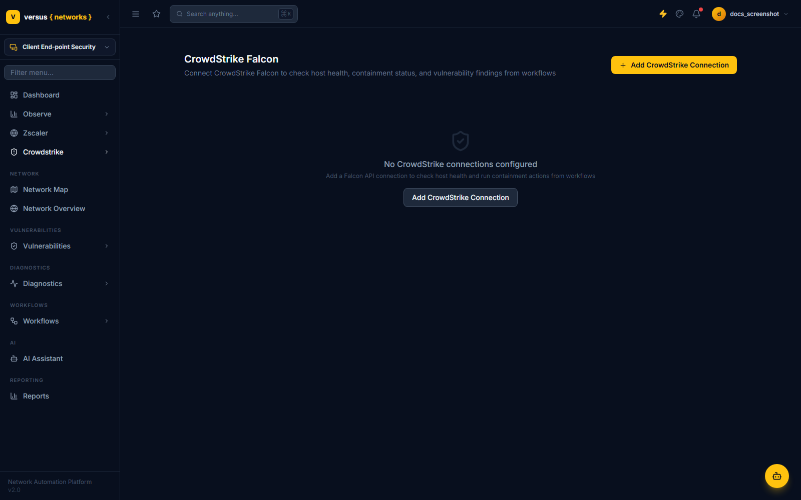 Click to enlarge CrowdStrike Falcon connection page with an Add CrowdStrike Connection button and an empty state describing host health and containment checks from workflows