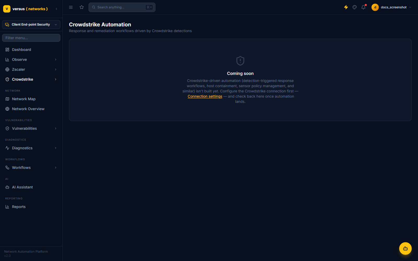 Click to enlarge Crowdstrike Automation page showing a Coming soon placeholder, with a link to configure the CrowdStrike connection first