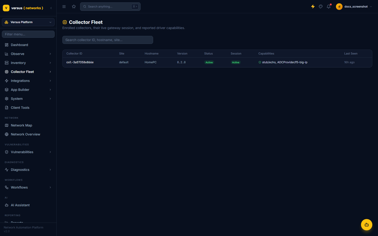 Click to enlarge Collector Fleet page listing enrolled collectors with columns for Collector ID, Site, Hostname, Version, Status, Session, Capabilities, and Last Seen