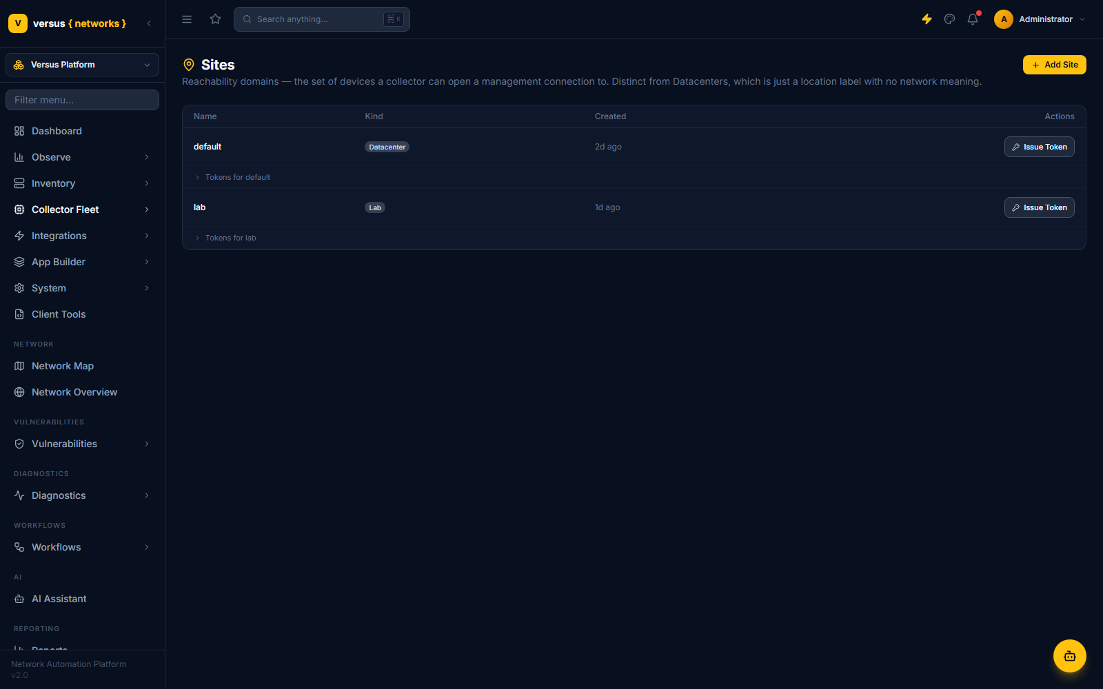 Click to enlarge Sites page listing reachability domains with Name, Kind, Created, and Actions columns, showing entries such as default (Datacenter) and lab (Lab) each with an Issue Token button and an expandable Tokens for <site> row