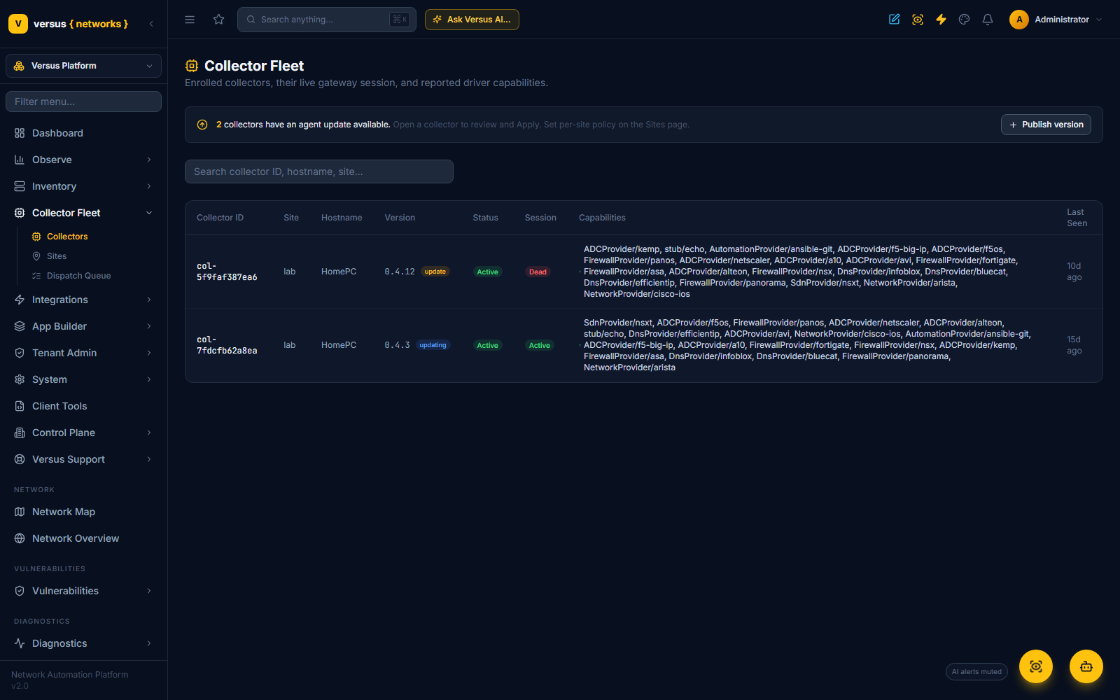 Click to enlarge Collector Fleet page with a banner reading 2 collectors have an agent update available, the Publish version button, and update badges in the Version column