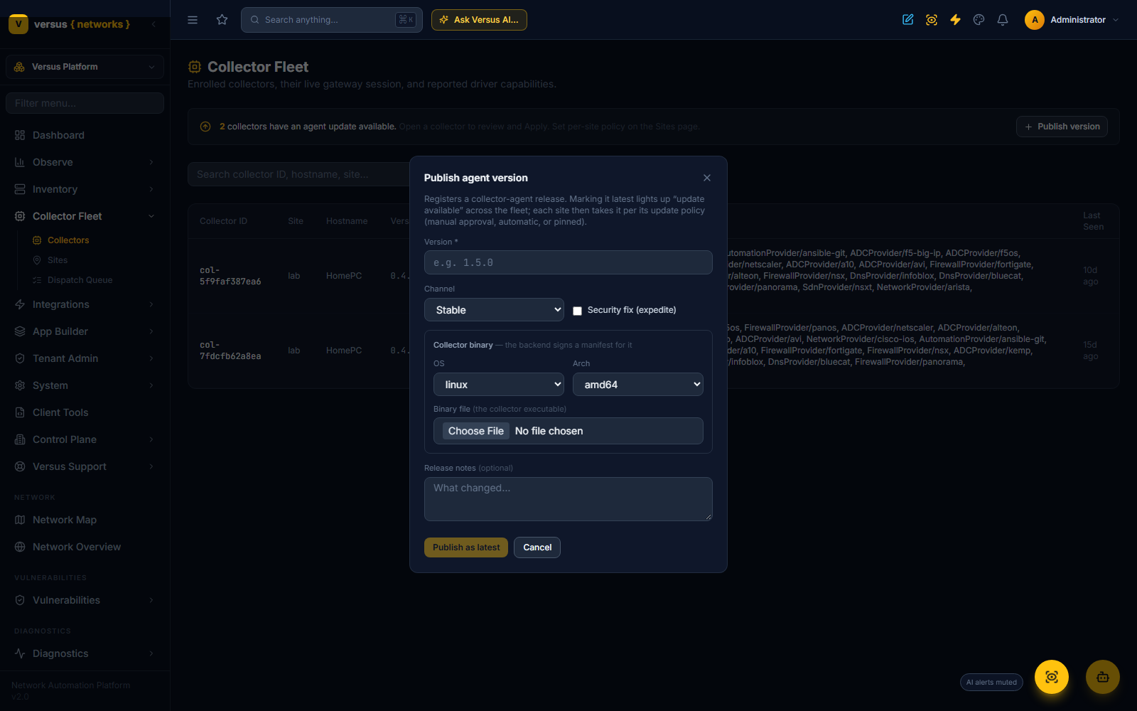 Click to enlarge Publish agent version dialog with fields for version, channel, security-fix flag, collector binary per OS and architecture, and release notes