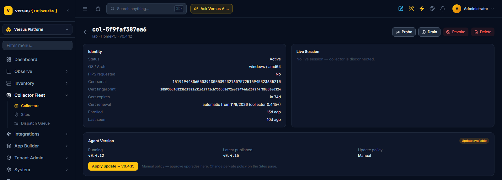 Click to enlarge Collector detail page with the Agent Version card showing running version 0.4.12, latest published 0.4.15, update policy Manual, an Update available badge and the Apply update button