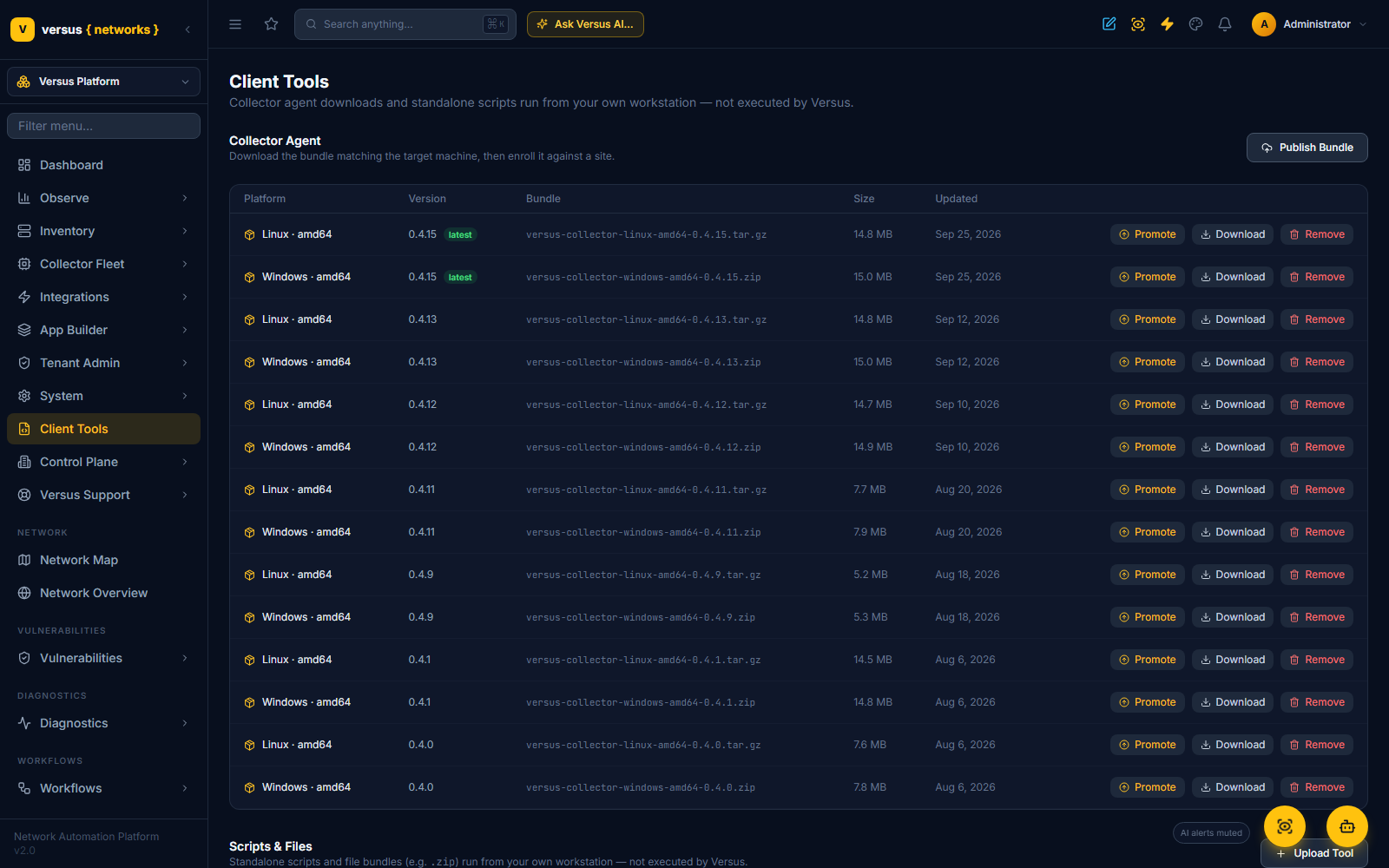 Click to enlarge Client Tools page listing collector bundles per platform and version with the newest marked latest, and Promote, Download and Remove actions