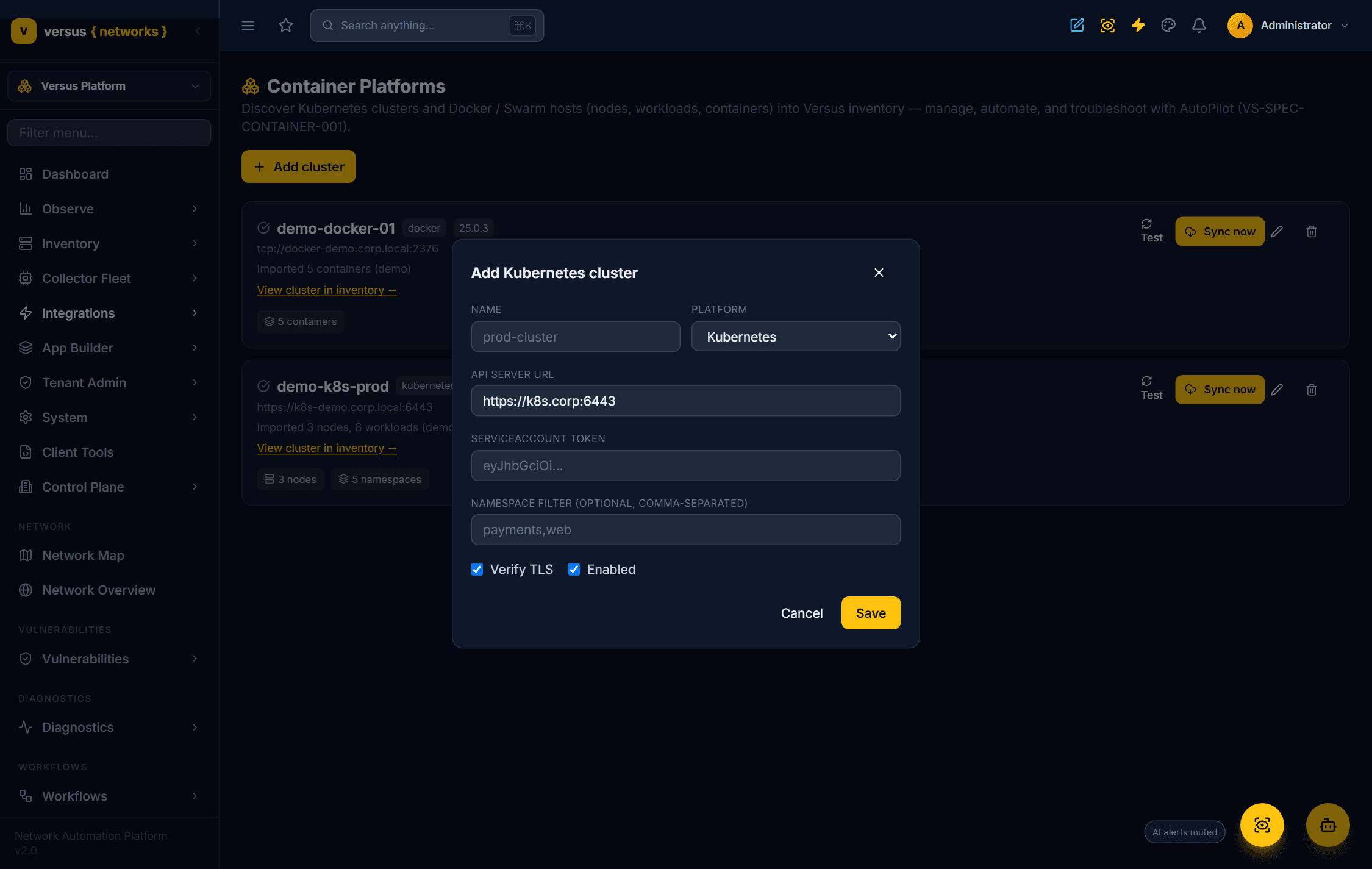 Click to enlarge The add-source dialog with a Kubernetes / Docker platform selector