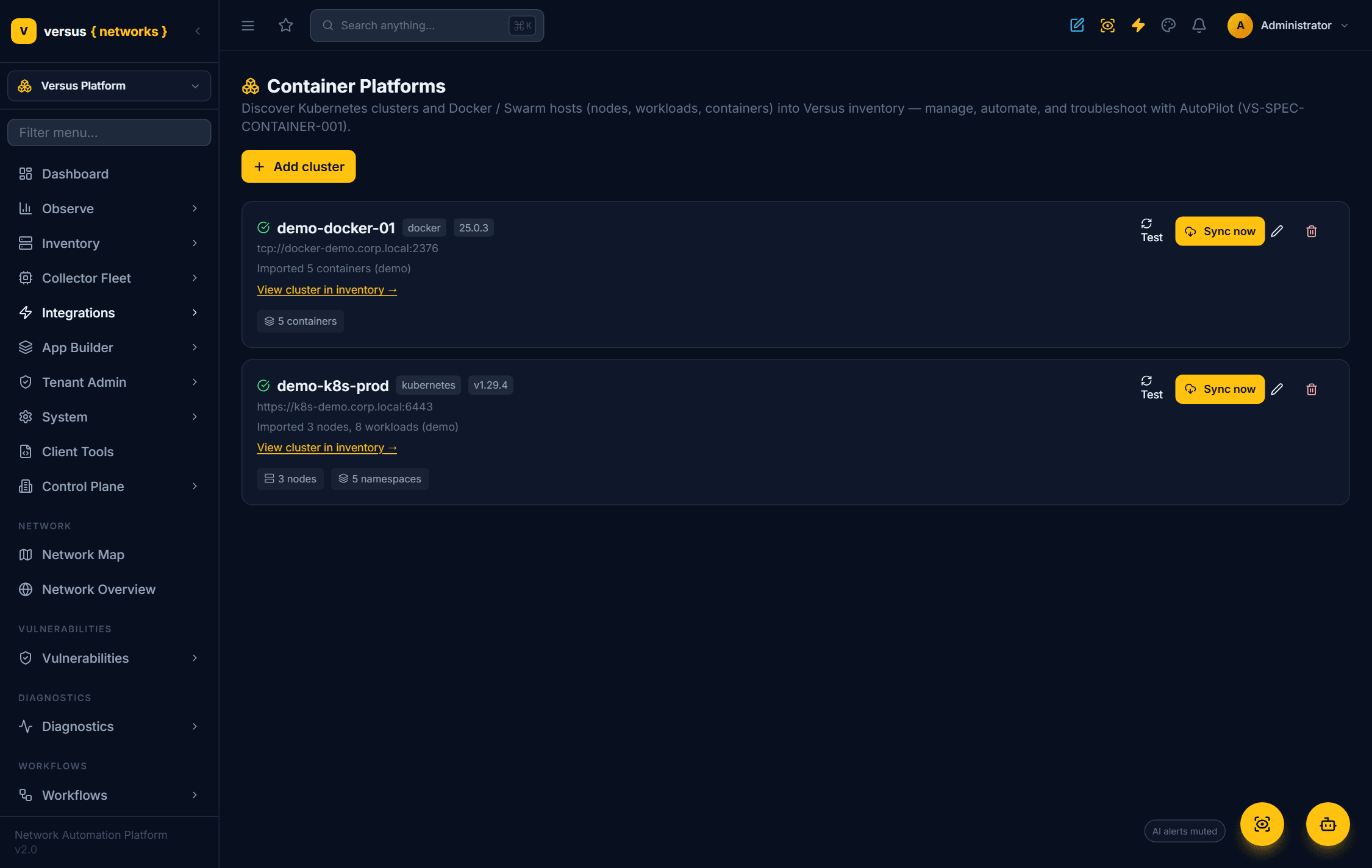 Click to enlarge Container Platforms connection page with a Kubernetes cluster and a Docker host discovered