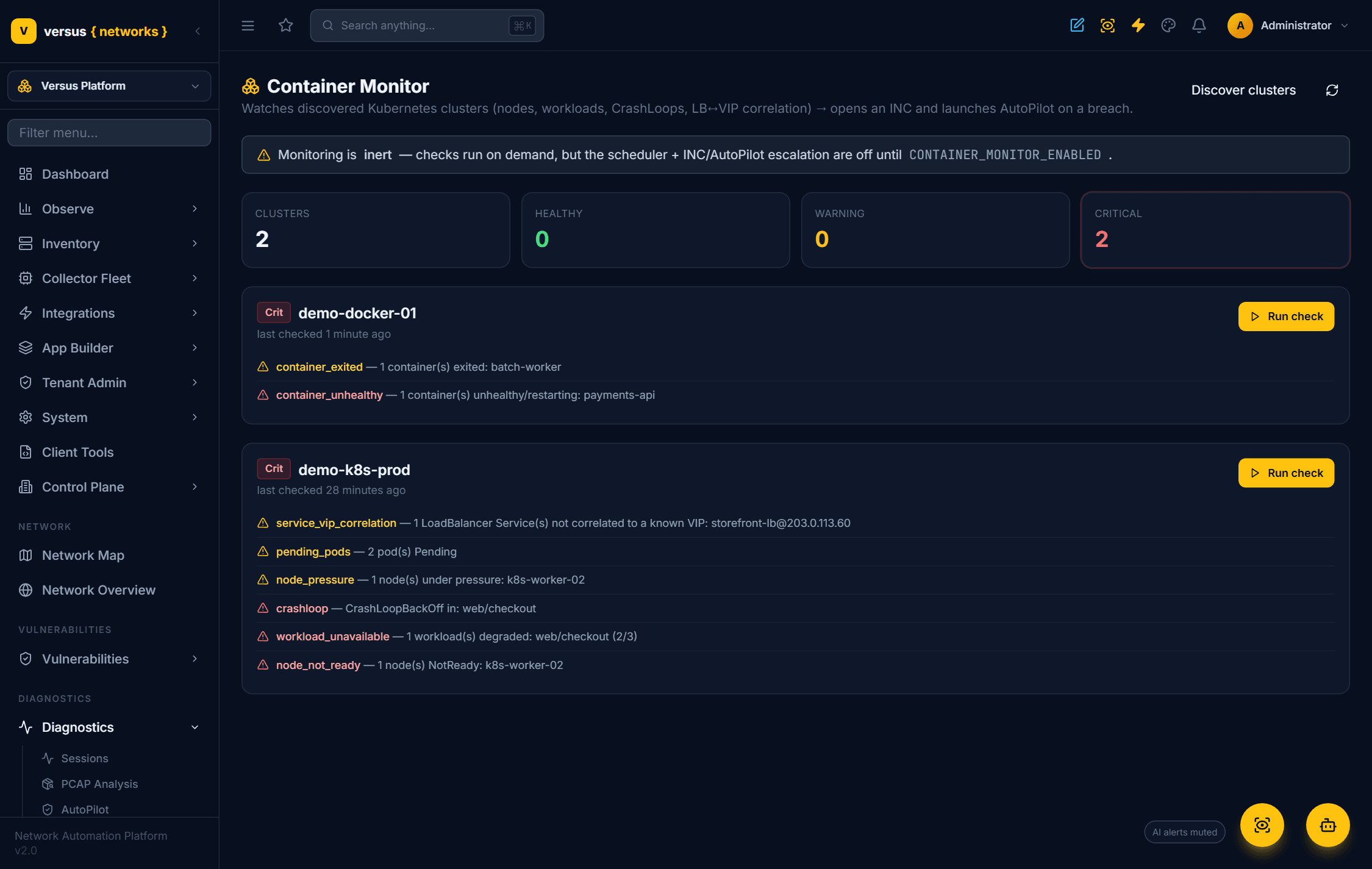 Click to enlarge The Container Monitor showing a critical Kubernetes cluster with six detected issues