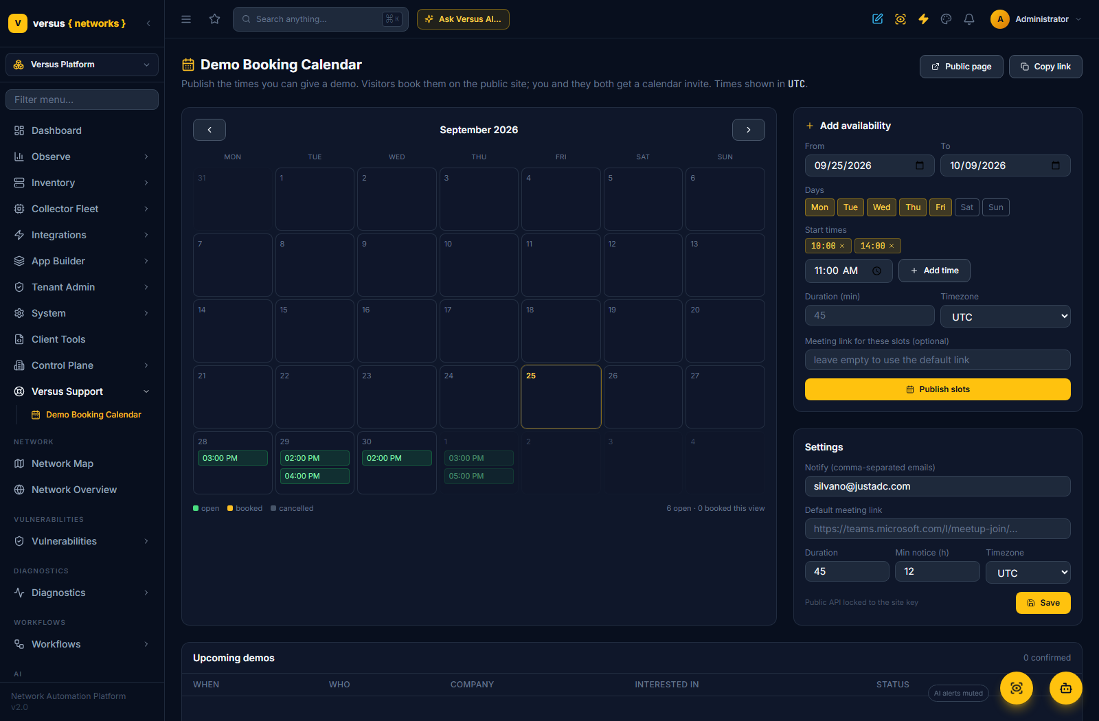 Click to enlarge Versus Support → Demo Booking Calendar: the month view with open slots, the Add availability form and the settings
