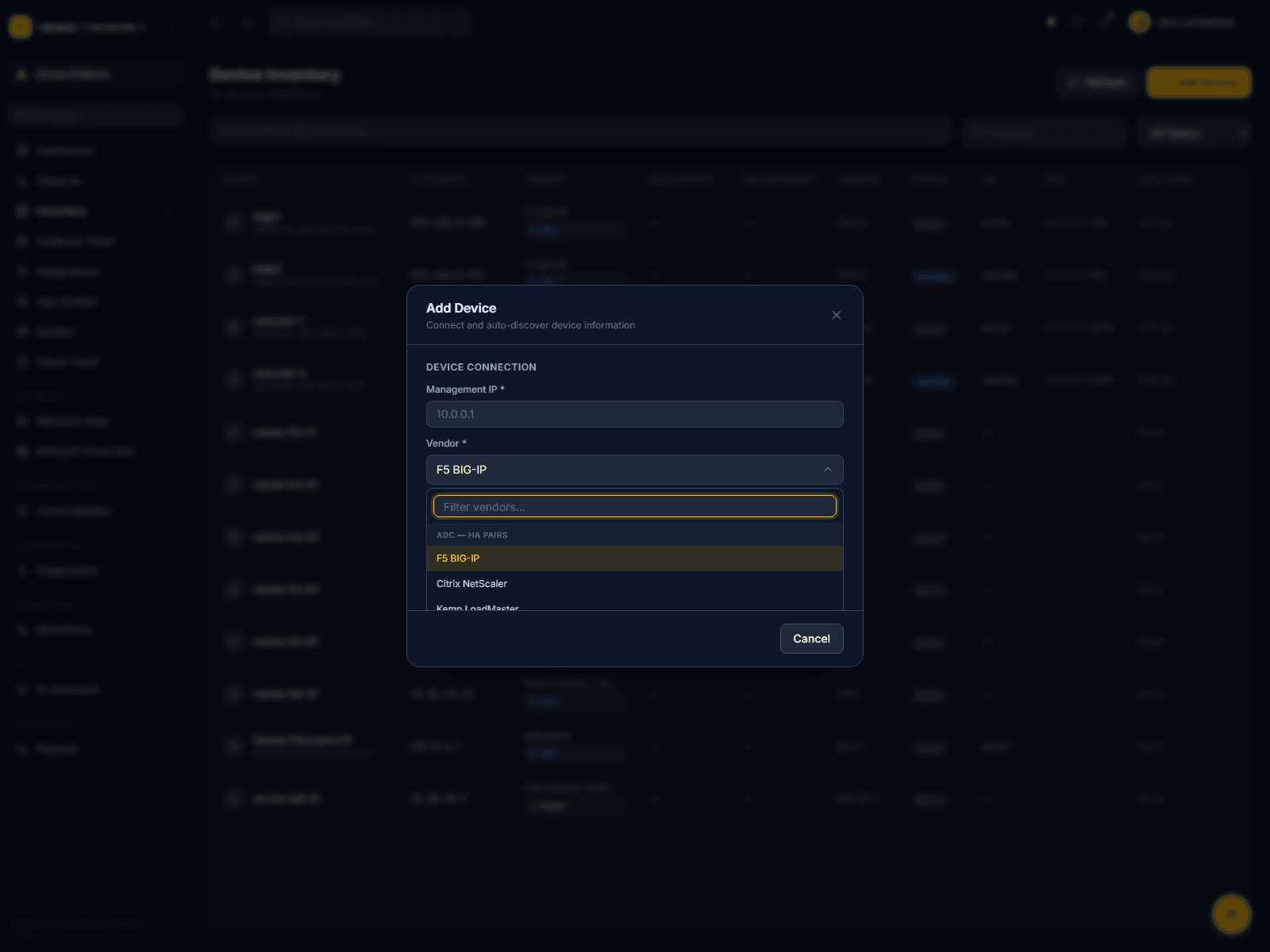 Click to enlarge Add Device vendor picker showing grouped device categories