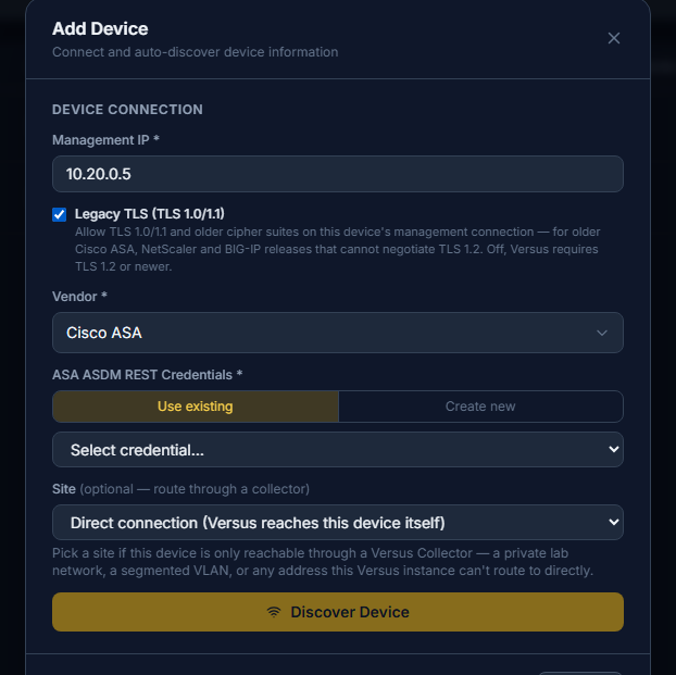 Click to enlarge Add Device modal for a Cisco ASA with the Legacy TLS (TLS 1.0/1.1) checkbox ticked under the Management IP field