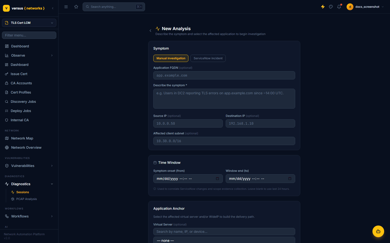 Click to enlarge New Analysis form with symptom, time window, and application anchor fields