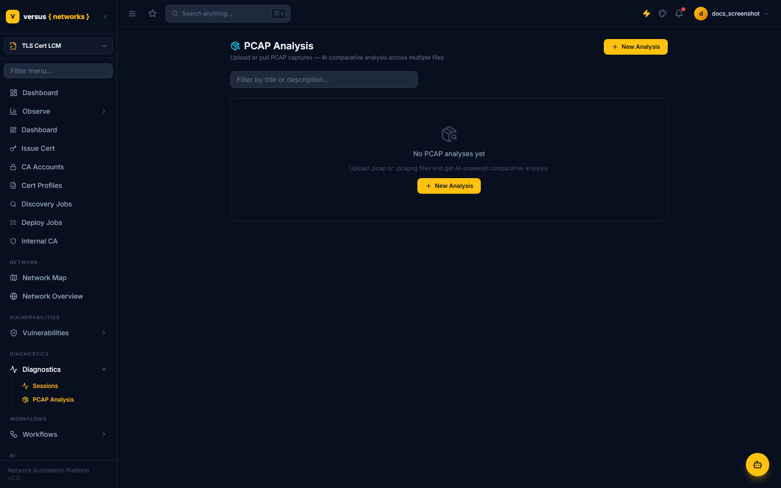 Click to enlarge PCAP Analysis list in its empty state, before any analyses have been created