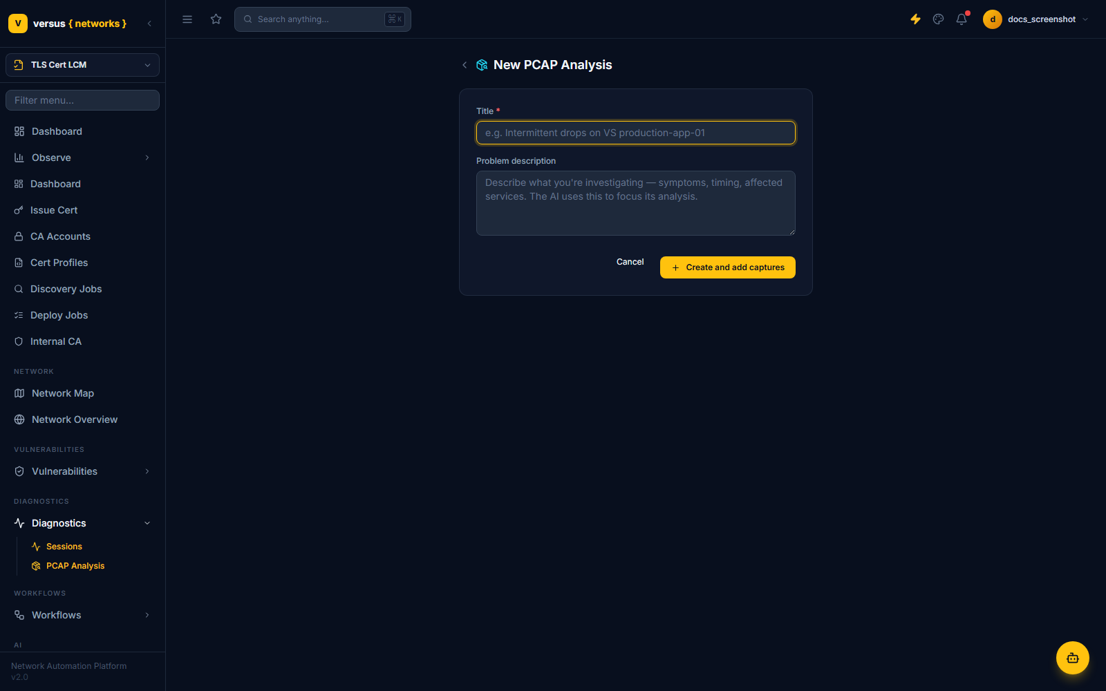 Click to enlarge New PCAP Analysis form with title and problem description fields