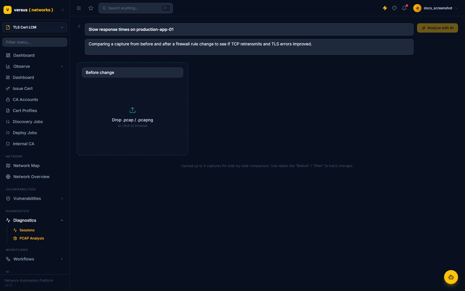 Click to enlarge Add capture dropzone with a labelled slot for uploading a PCAP or PCAPNG file