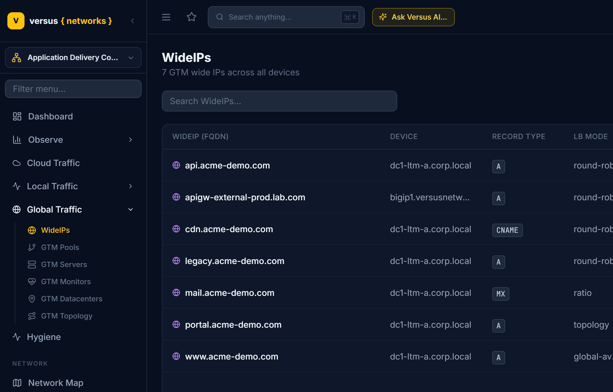 Click to enlarge The sidebar with Global Traffic expanded to WideIPs, GTM Pools, GTM Servers, GTM Monitors and GTM Datacenters, next to the WideIPs list