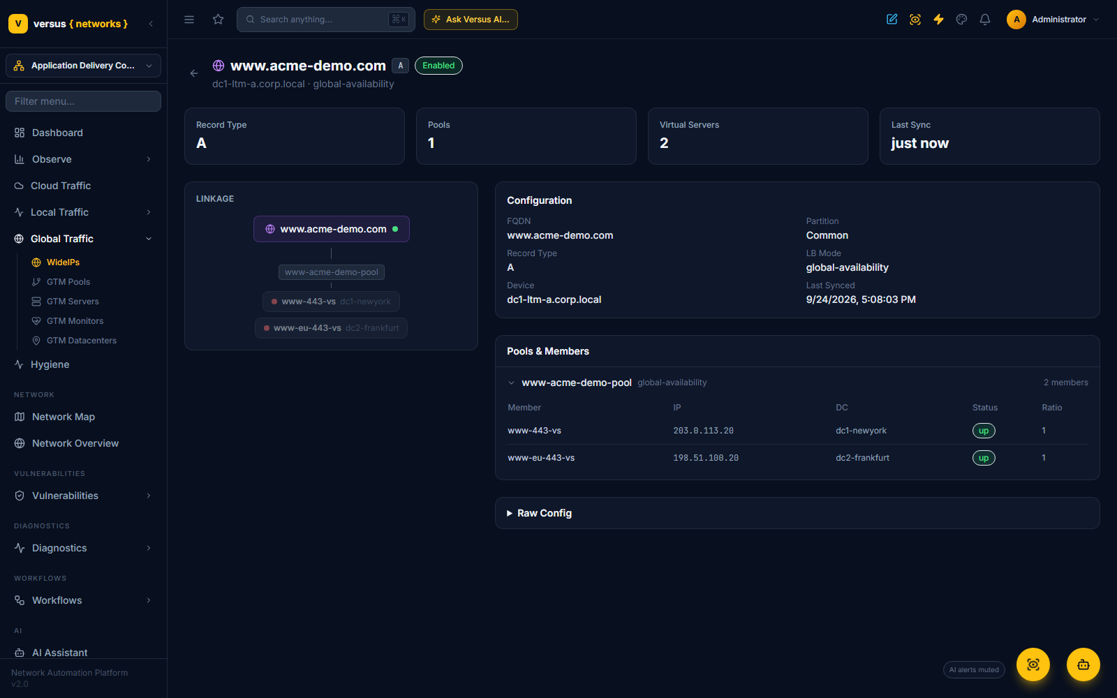 Click to enlarge Wide-IP detail page for www.acme-demo.com with stat cards, the linkage tree, configuration and the Pools & Members table