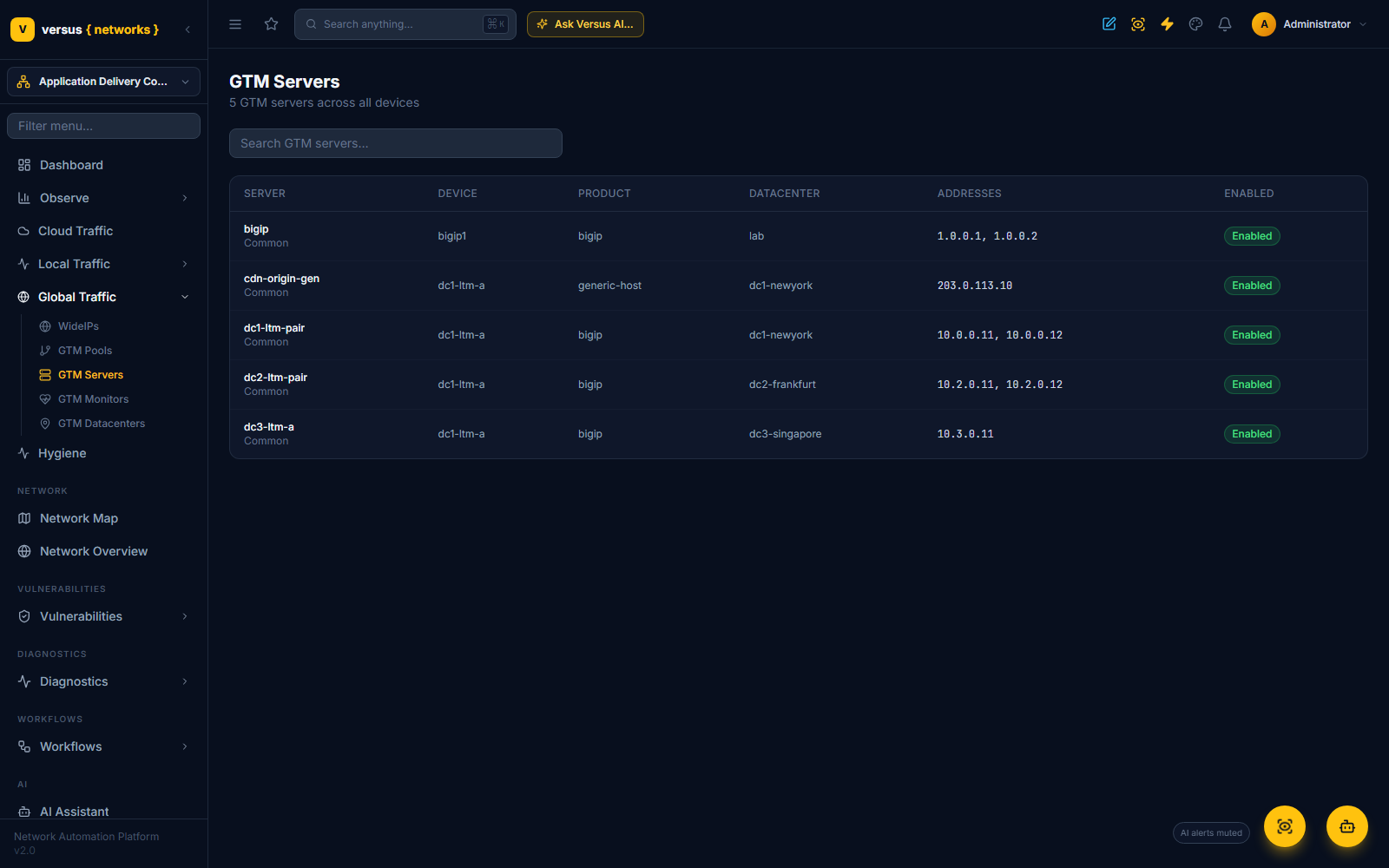 Click to enlarge GTM Servers list with BIG-IP and generic-host servers, their datacenter and addresses